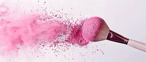 close-up of a pink makeup brush with bristles bursting with pink powder.