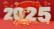 Snake is a symbol of the 2025 Chinese New Year. 3d render illustration of Golden Snake on a podium, gold ingots Yuan Bao, chinese lanterns, fan and coins. Zodiac Sign Snake, concept for lunar calendar