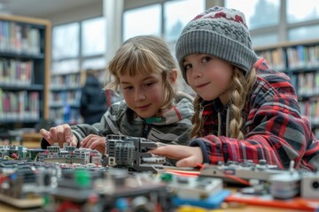 Two young girls are sitting at a table in a library, working on a project