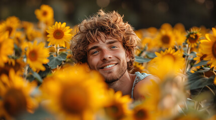 Wall Mural - Happy young man surrounded by sunflowers enjoying nature