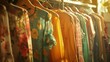 Clothes hang on a shelf in a designer clothes store, sunlight