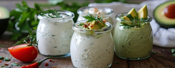 Wall Mural - Assorted small jars of homemade ranch dressing with avocado, herbs, and hot pepper
