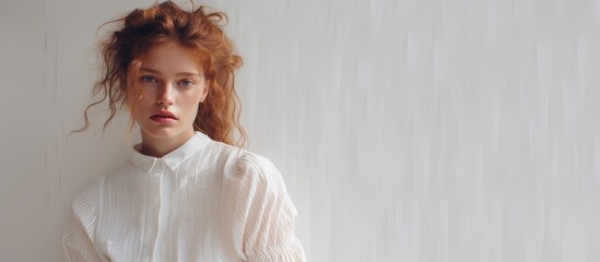 Sticker - A woman with fiery red hair is standing in front of a white wall, wearing a crisp white shirt. Her face exudes a happy smile, her sleeve grazes her jaw in a subtle gesture of artful elegance