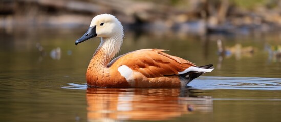 Canvas Print - A waterfowl with a beak shaped like a duck is gracefully floating on a serene lake in its natural landscape, showcasing its adaptation to aquatic ecoregions