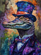 A Vibrant And Bold Image Featuring An Alligator Dressed In Dapper Attire With A Top Hat Against A Dynamic, Abstract Background