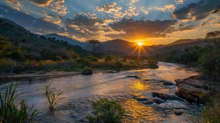 Wall Mural - This image captures a tranquil river flowing through a mountainous landscape with the sun setting majestically behind the peaks, casting a warm glow on the skyline