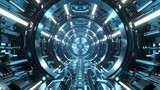 Fototapeta Przestrzenne - An intricate, computer-generated image of a futuristic tunnel illuminated by a glowing blue light, reflecting advanced technology and modern design