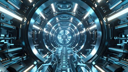 Wall Mural - An intricate, computer-generated image of a futuristic tunnel illuminated by a glowing blue light, reflecting advanced technology and modern design