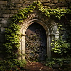  A mysterious door in an ancient stone wall with ivy
