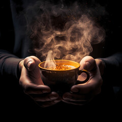 Canvas Print - A pair of hands holding a steaming cup of coffee. 