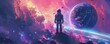 Abstract portrayal of cosmic adventure in stunning poster art Astronaut silhouette stands against surreal space backdrop featuring distant planets and celestial sands