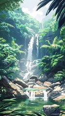 Canvas Print - Discovering a Hidden Tropical Waterfall Oasis Amidst the Lush Jungle Foliage and Verdant Canopy