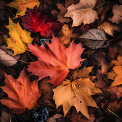 Wall Mural - Close-up of vibrant autumn leaves on a forest floor