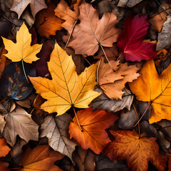 Wall Mural - Close-up of vibrant autumn leaves on a forest floor