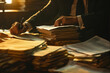 professional photo of a person organizing and filing social security documents in a systematic manner, softly illuminated to convey a sense of order and efficiency in administrativ