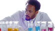 © PNG Stocks - A cautious chemist looking at different chemicals isolated on transparent background, PNG, Ai