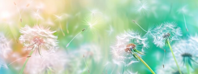 Wall Mural - Dandelion seeds fly in the wind close up macro with soft focus on emerald and turquoise background. Summer spring airy light dreamy background.