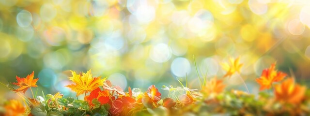 Wall Mural - Defocused colorful bright autumn ultra wide panoramic background with blurry red yellow and orange autumn leaves in the park. Border of autumn leaves on a sunny day.