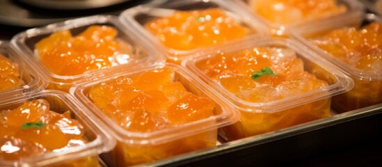 Canvas Print - A variety of plastic containers filled with ambercolored sauce sit on the table, possibly ingredients for a delicious casserole recipe