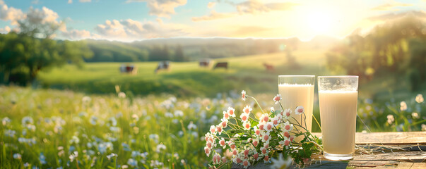 Fresh milk in glass with blurred landscape with cow on sunny spring or summer meadow. Healthy food, organic product. Rustic style. Dairy and milk farm business. Background or banner with copy space