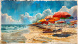 A beach painting in watercolor with lots of parasols