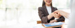 Businesswoman handshake and business people. Successful business concept. Banner background, panoramic view..