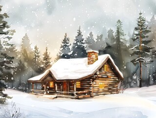 Sticker - Cozy Snow Covered Log Cabin in Serene Woodland Winter Landscape Inviting Holiday Retreat Surrounded by Snowy Pine Trees