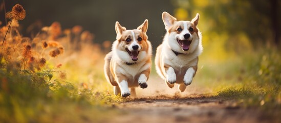 Sticker - Two Pembroke Welsh Corgis are sprinting along a dusty trail. These carnivorous dogs, known for their foxlike appearance, are part of the Sporting Group and make great companion pets