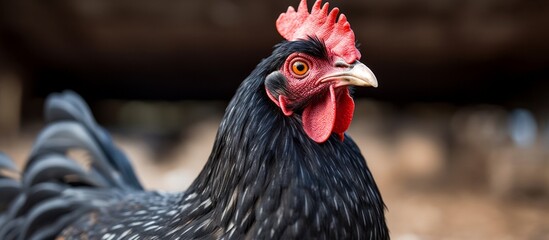 Poster - A closeup image of a black Phasianidae bird with a red comb, beak, and feather. This chicken belongs to the Galliformes order, commonly kept as poultry livestock