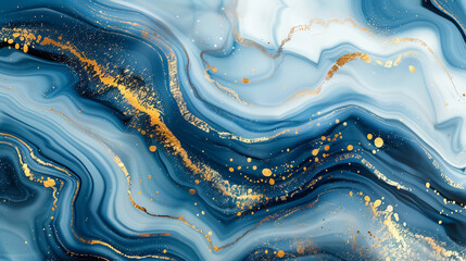 A blue and gold marble pattern with fluid lines, white background, and liquid textures in the style of fluid lines, photographic style