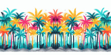 Seamless Tropical Pattern With Palm Trees And Sea, Colorful Summer Hawaii Background, Vector, Generative Ai