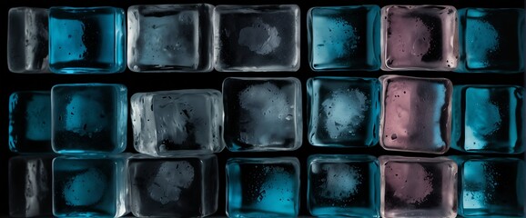 Wall Mural - blocks of ice cubes on plain black bright pastel background with fog and smoke mist cold from genera