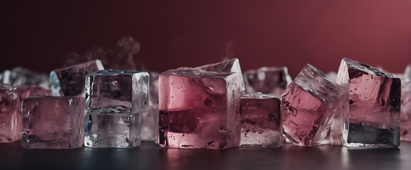 Poster - Blocks of ice cubes on plain dark pink background with fog and smoke mist cold from Generative AI