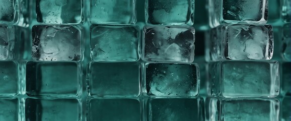 Poster - Blocks of ice cubes on plain mint green bright pastel background with fog and smoke mist cold from Generative AI