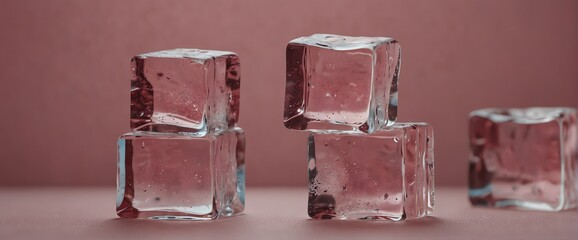 Poster - Blocks of ice cubes on plain pink bright pastel background with fog and smoke mist cold from Generative AI