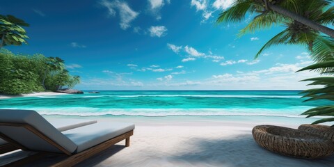 Wall Mural - Beach view with lounge chairs and wicker basket