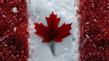 Fototapeta Desenie - National Flag of Canada made on snow. A maple leaf on snowy backdrop with two red stripes. Canada Day concept.