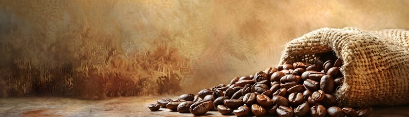 Wall Mural - Spilling Burlap Sack of Freshly Harvested Aromatic Coffee Beans Revealing Their Raw Beauty and Rustic Texture on a Brown Background with Copy Space