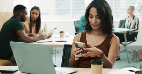 Wall Mural - Business woman in creative office with laptop, phone and smile with market research career. Coworking space, professional and girl at desk with networking, typing email or online chat at startup.