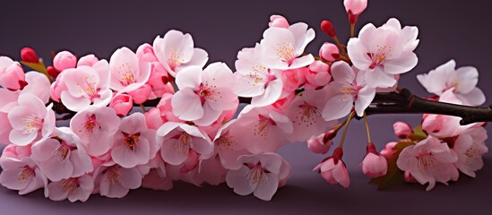 Wall Mural - A closeup of pink cherry blossoms on a purple background showcasing the beauty of these delicate petals on the trees twig