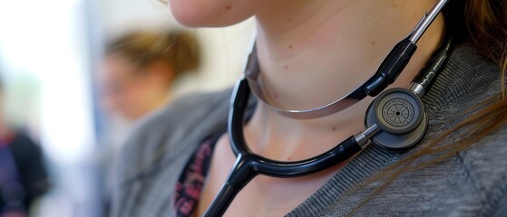 Canvas Print - Close up of a stethoscope around a student's neck, readiness, clear detail.