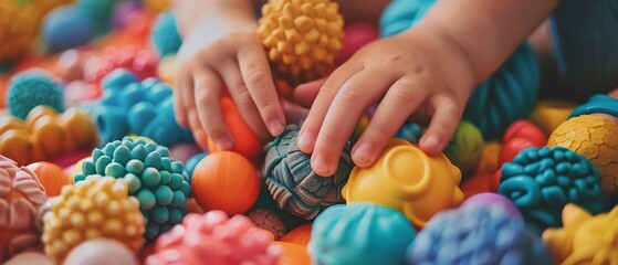 Poster - Close up on hands playing with sensory toys, focus, detailed texture, calming colors. 