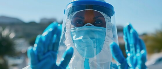 Wall Mural - Healthcare worker in PPE distributing masks, protection, close up, vital action. --ar 7:3 Job ID: 682cd245-a98d-418d-bf73-d48a75e72b9c