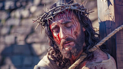 Fototapeta dramatic portrayal of jesus with a crown of thorns, bloodied face, ai generated