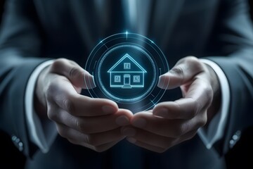 Wall Mural - close up, Businessman holding in his hand a futuristic Real estate concept hologram on black background with blank copy space for text