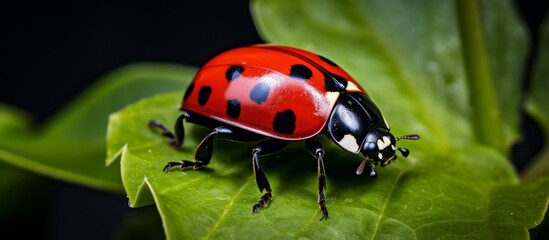 Poster - The ladybug, a type of beetle and insect, is perched on a green leaf. Ladybugs are beneficial pests that feed on red bugs, helping to protect terrestrial plants like grass