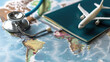 Passport, medical stethoscope and airplane on world map background. Medical and Insurance travel concept.