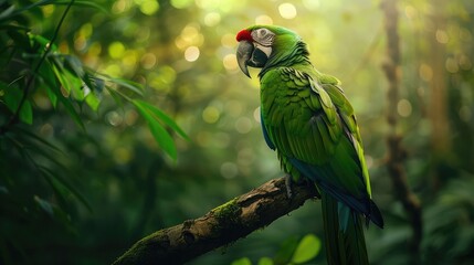 Wall Mural - In a secluded jungle setting, a magnificent green parrot blends harmoniously with the verdant surroundings, its vivid colors accentuated by the filtered sunlight,to the wonders of the natural world
