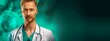 Portrait of a doctor - a young man in a white coat on a emerald background. The concept of a medical clinic, providing medical care. Banner, copy space.