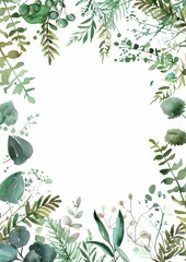 Wall Mural - Floral composition with copy space in center. Green leaves of eucalyptus, fern on white background.
